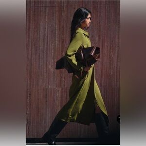 ZARA BELTED SHIRTDRESS Chic Olive Green Long Dress Size Medium